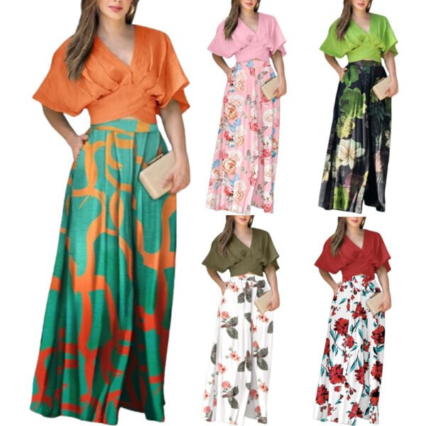 Women's Summer Short-sleeved Top And Pocket Trousers Printed Two-piece Suit - Image 2