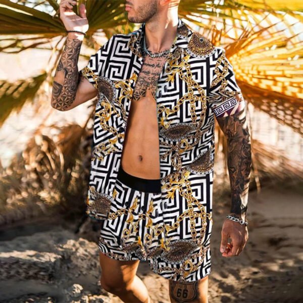 Summer Men Hawaiian Sets Printed Breathable Lapel Short Sleeve Shirtelastic Waist Beach Shorts Streetwear Casual Men Sets 2 Piec - Image 4