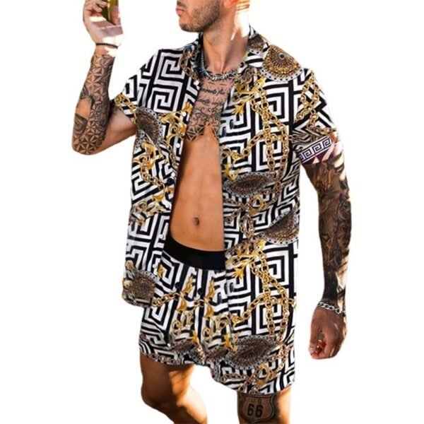Summer Men Hawaiian Sets Printed Breathable Lapel Short Sleeve Shirtelastic Waist Beach Shorts Streetwear Casual Men Sets 2 Piec - Image 5