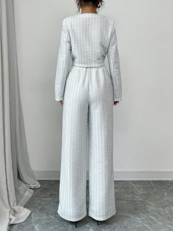 Spring And Autumn Long-sleeve Short-pants Suit, Tweed Short Jacket With Pearl Buttons, Elegant Round Neck Pearl Button Textured Jacket And Long Pants, Suitable For Commuting, Leisure, Dating, And Vaca - Image 2