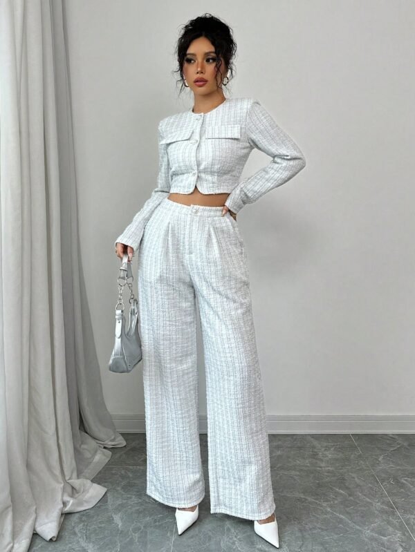 Spring And Autumn Long-sleeve Short-pants Suit, Tweed Short Jacket With Pearl Buttons, Elegant Round Neck Pearl Button Textured Jacket And Long Pants, Suitable For Commuting, Leisure, Dating, And Vaca - Image 3