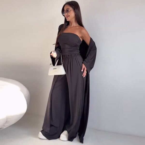 Casual Mid-calf Top Vest Long Cardigan Wide-leg Pants Three-piece Set - Image 2