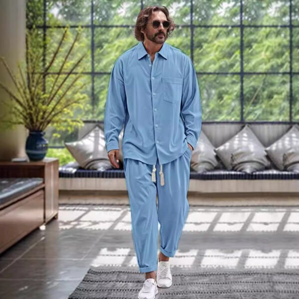 Men's Cotton And Linen Shirt Loose Long-sleeved Trousers Two-piece Suit - Image 5