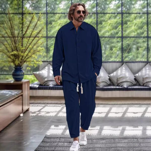 Men's Cotton And Linen Shirt Loose Long-sleeved Trousers Two-piece Suit - Image 3