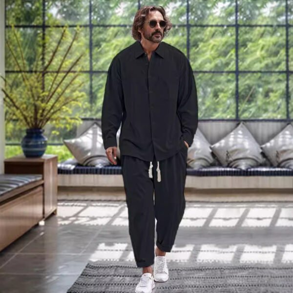 Men's Cotton And Linen Shirt Loose Long-sleeved Trousers Two-piece Suit - Image 2