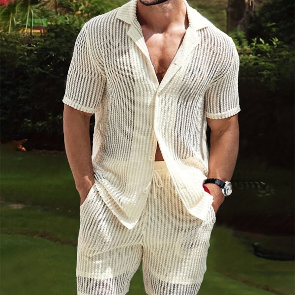 Men's Retro Cotton And Linen Stripes Henley Shirt Casual Loose Shirt Cardigan Lapel Men's Clothing - Image 3
