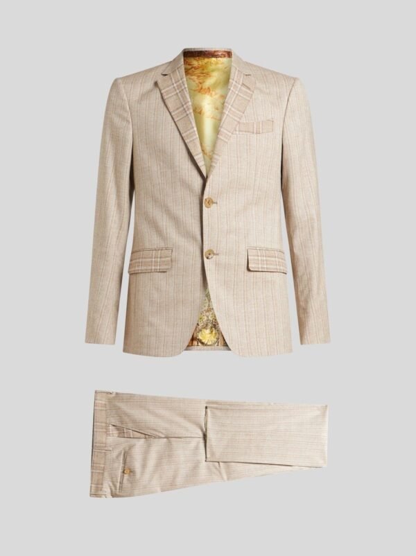 Men's Light Brown Pinstripe Suit Set With Subtle Plaid Details