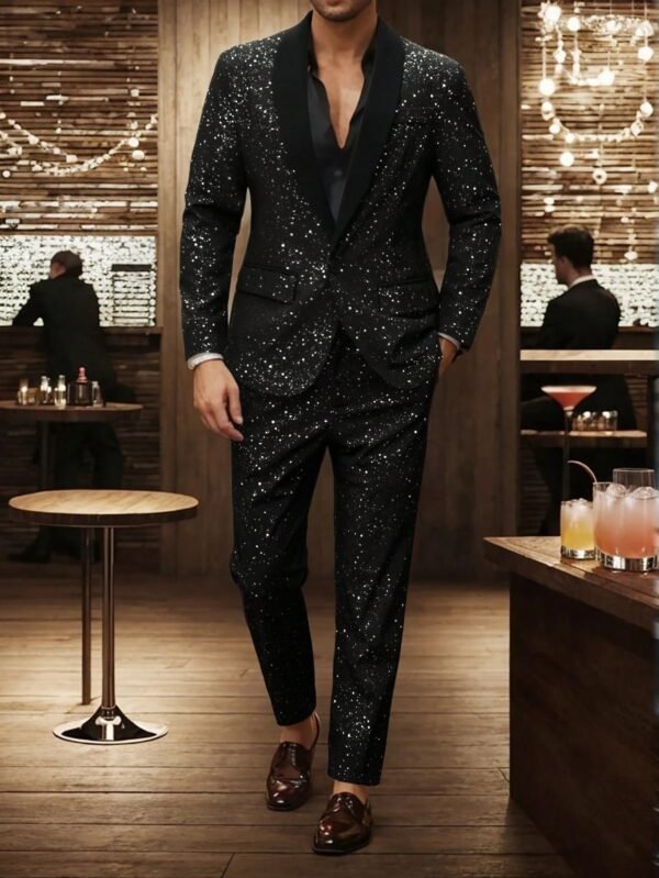 Men's Shimmering Black Suit Adorned With Glittering White Sequins - Image 2