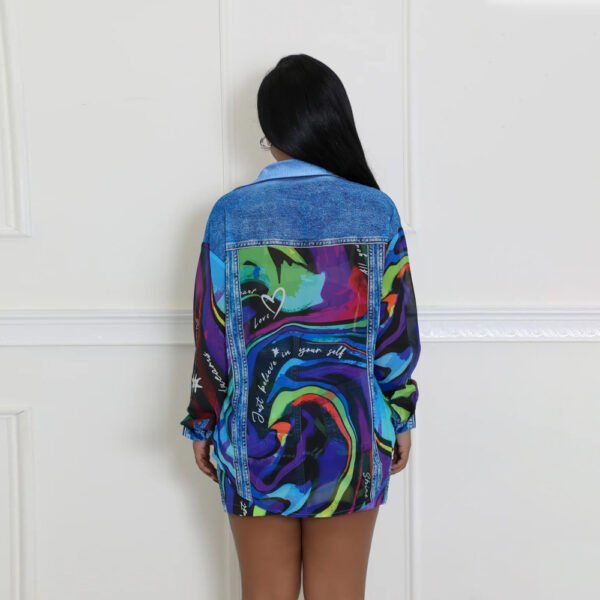 Fashion Denim Printing Lapel Long Sleeve Shirt Slim-fit Hip-wrapped Short Dress Suit - Image 4