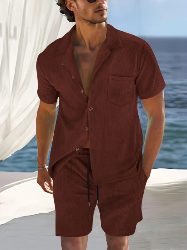 Men's Europe And America Cross Border Polyester Short Sleeve Cuban Collar Shirt Summer Suit - Image 7