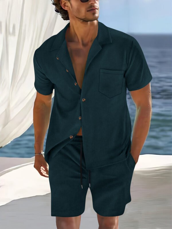 Men's Europe And America Cross Border Polyester Short Sleeve Cuban Collar Shirt Summer Suit - Image 6