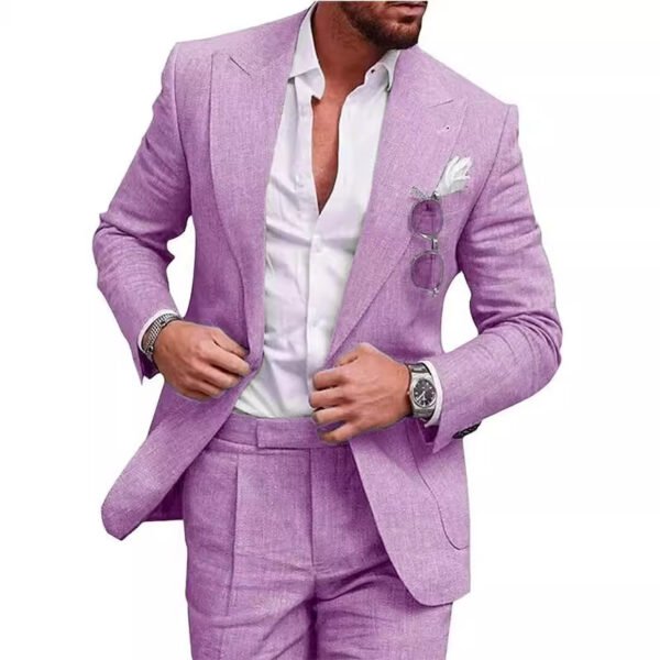 Men's Large Single Row One Button Solid Color Suit Two-piece Set - Image 2