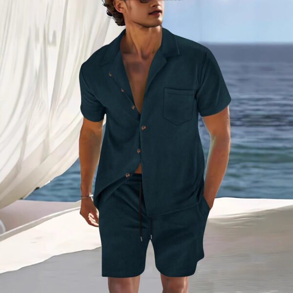 Men's Europe And America Cross Border Polyester Short Sleeve Cuban Collar Shirt Summer Suit - Image 2