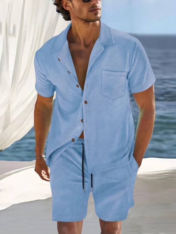Men's Europe And America Cross Border Polyester Short Sleeve Cuban Collar Shirt Summer Suit - Image 3