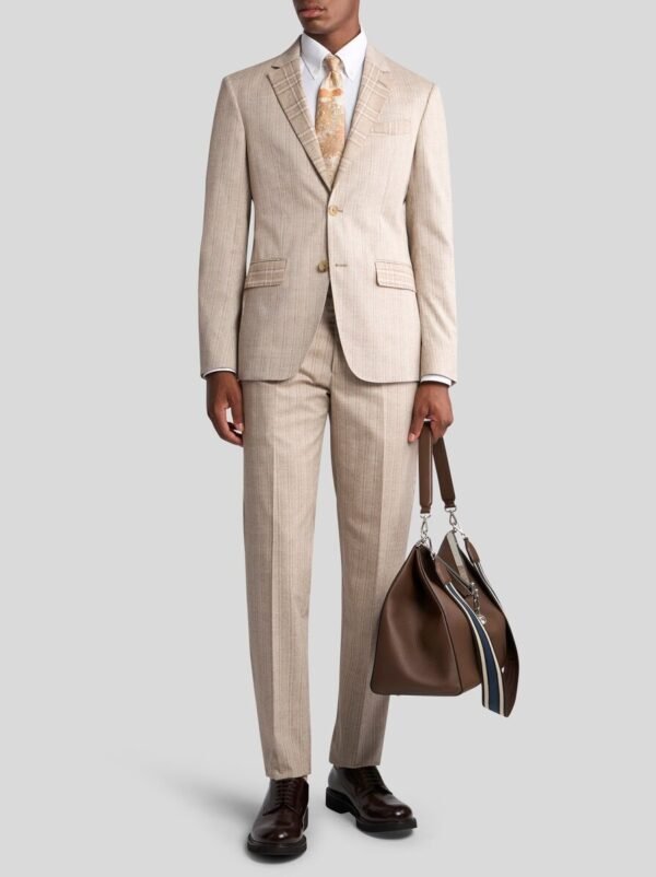 Men's Light Brown Pinstripe Suit Set With Subtle Plaid Details - Image 3