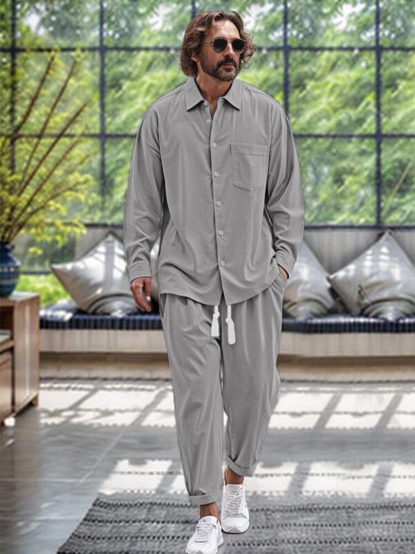 Men's Cotton And Linen Shirt Loose Long-sleeved Trousers Two-piece Suit - Image 6