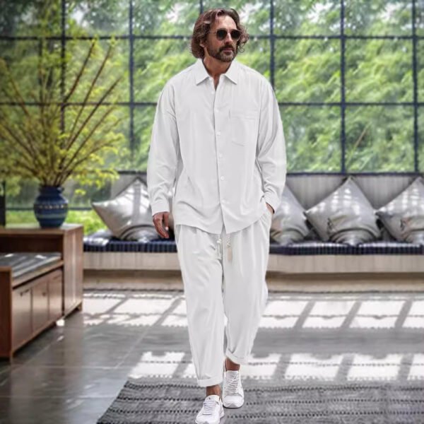 Men's Cotton And Linen Shirt Loose Long-sleeved Trousers Two-piece Suit - Image 4