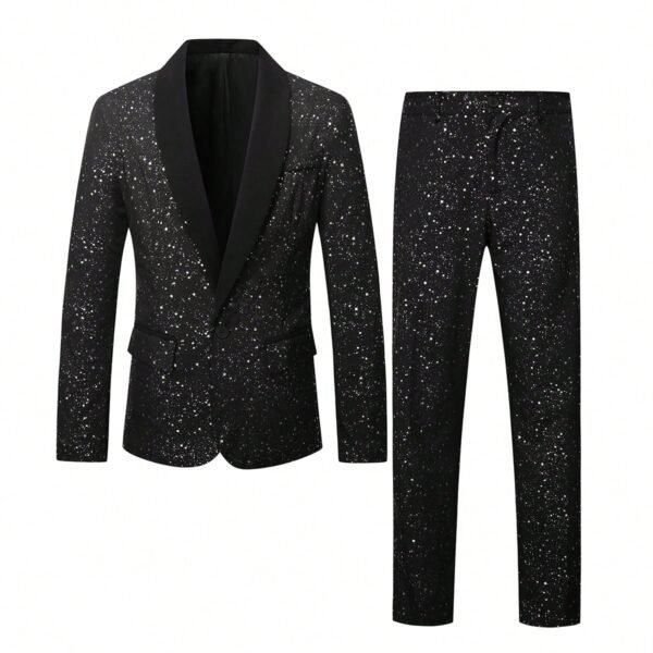 Men's Shimmering Black Suit Adorned With Glittering White Sequins - Image 3