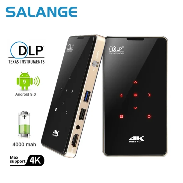Salange DLP Projector Mini BT WiFi Android 9.0 4000mAh Battery 4K Miracast Airplay Mobile Smart Video Projector Smartphone